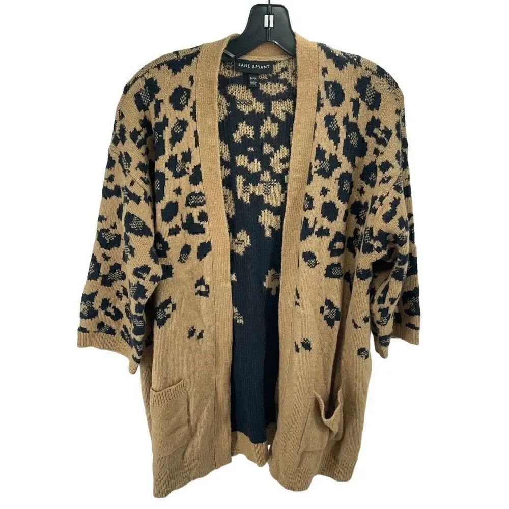 Lane Bryant longline Cardigan Sweater Open Front Leopard print Tan Black 14 16